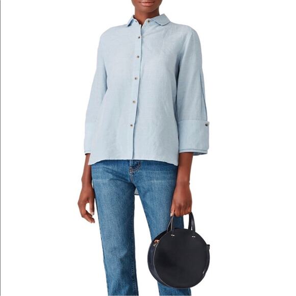 Halston Heritage Powder Blue Coastal Grandma Linen And Viscose Button Down Shirt - Picture 2 of 13